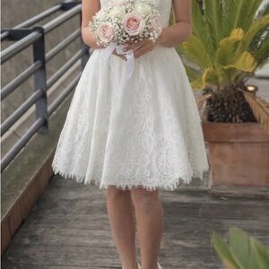 Pronovias White Lace Tea-Length Wedding Dress